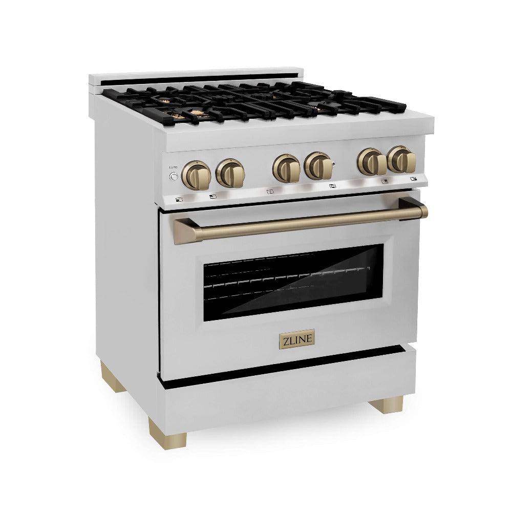 ZLINE Autograph Edition 30 in. Kitchen Package with Stainless Steel Dual Fuel Range, Range Hood, Dishwasher and Refrigerator with Champagne Bronze Accents (4KAPR-RARHDWM30-CB) - KB&A The Home Improvement Store