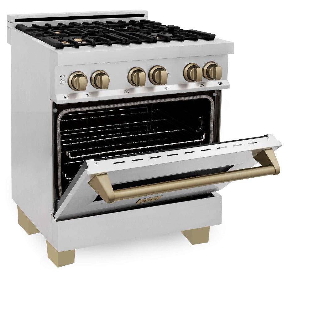 ZLINE Autograph Edition 30 in. Kitchen Package with Stainless Steel Dual Fuel Range, Range Hood, Dishwasher and Refrigerator with Champagne Bronze Accents (4KAPR-RARHDWM30-CB) - KB&A The Home Improvement Store