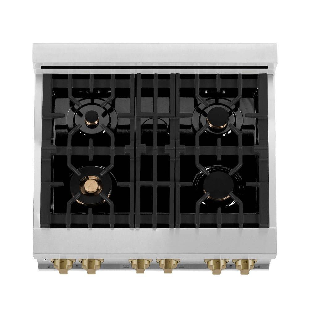 ZLINE Autograph Edition 30 in. Kitchen Package with Stainless Steel Dual Fuel Range, Range Hood, Dishwasher and Refrigerator with Champagne Bronze Accents (4KAPR-RARHDWM30-CB) - KB&A The Home Improvement Store