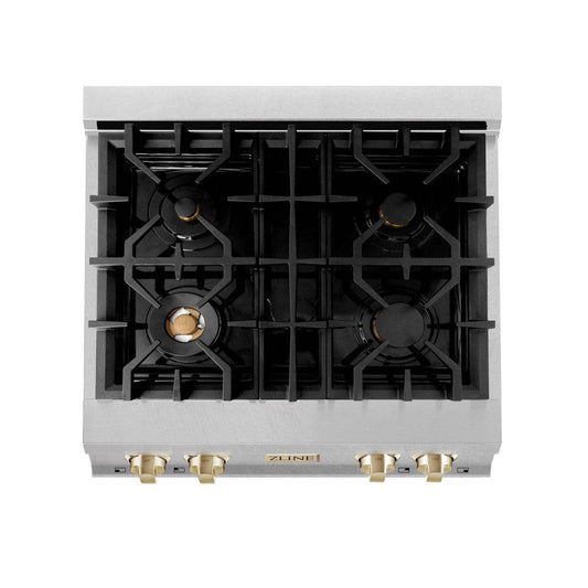 ZLINE Autograph Edition 30 in. Porcelain Rangetop with 4 Gas Burners in DuraSnow® Stainless Steel with Polished Gold Accents (RTSZ-30-G) - KB&A The Home Improvement Store