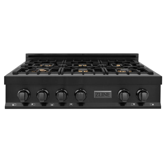 ZLINE 36 in. Porcelain Gas Rangetop in Black Stainless Steel with 6 Gas Brass Burners (RTB-BR-36) - KB&A The Home Improvement Store
