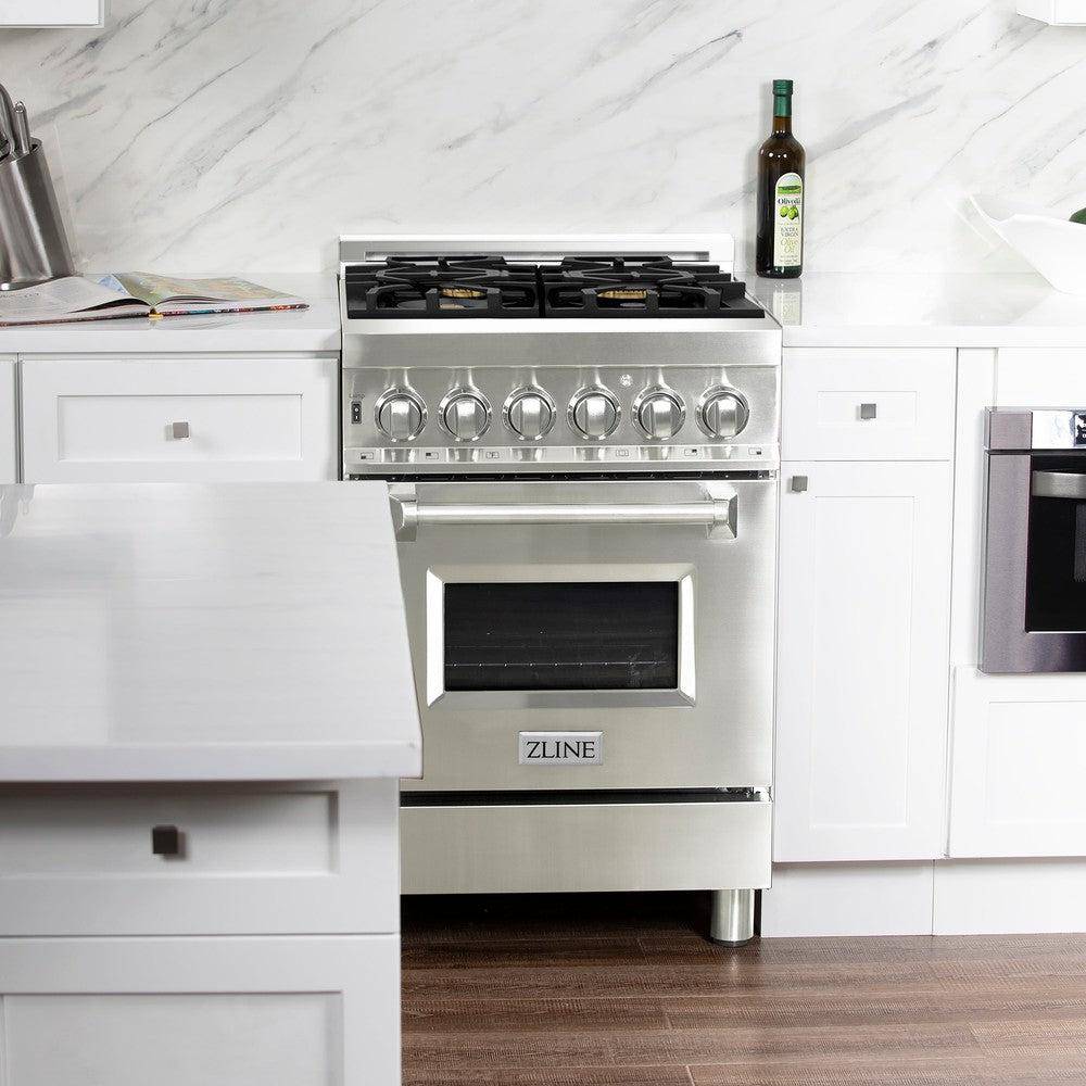 ZLINE 24 in. 2.8 cu. ft. Legacy Dual Fuel Range with 4 Burner Gas Cooktop and Electric Convection Oven in Stainless Steel with DuraSnow® Door (RA-SN-24) - KB&A The Home Improvement Store