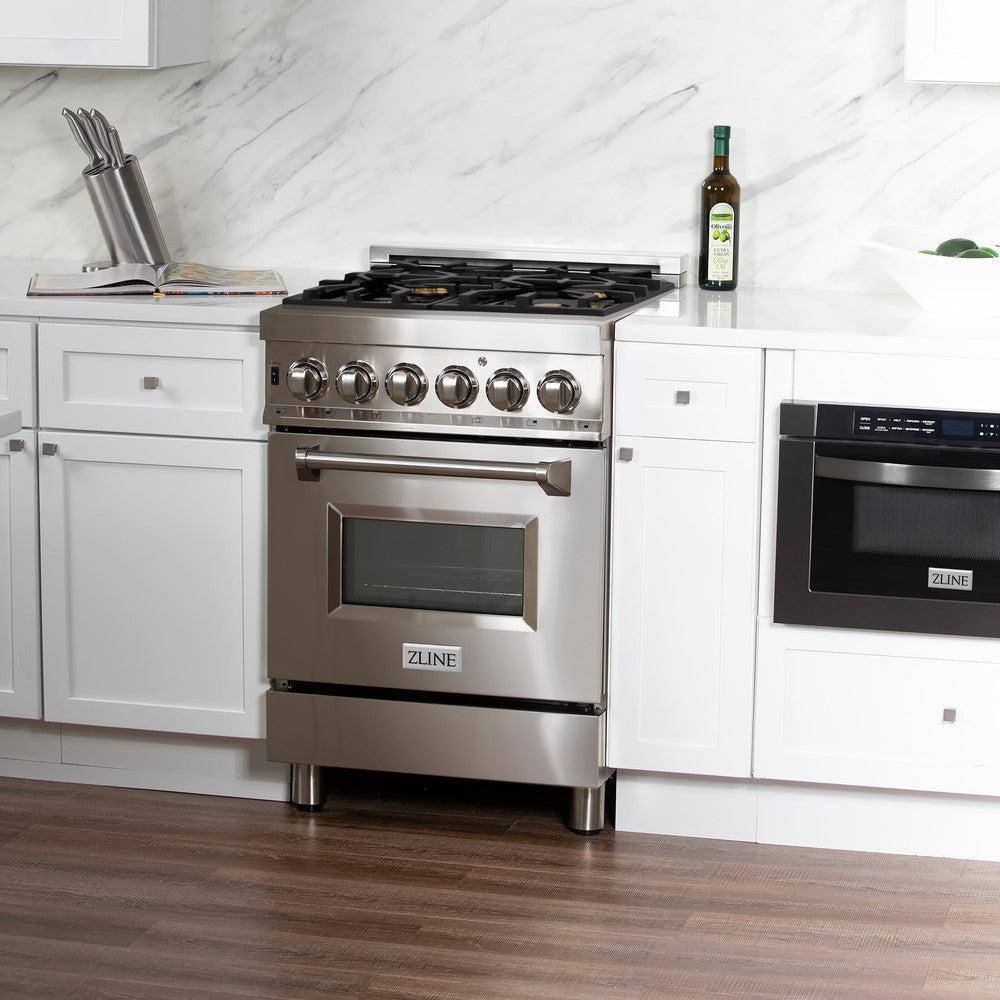 ZLINE 24 in. 2.8 cu. ft. Legacy Dual Fuel Range with 4 Burner Gas Cooktop and Electric Convection Oven in Stainless Steel with DuraSnow® Door (RA-SN-24) - KB&A The Home Improvement Store