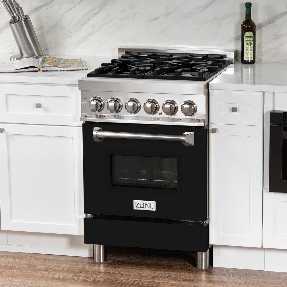 ZLINE 24 in. 2.8 cu. ft. Legacy Dual Fuel Range with 4 Burner Gas Cooktop and Electric Convection Oven in Stainless Steel and Black Matte Door (RA-BLM-24) - KB&A The Home Improvement Store