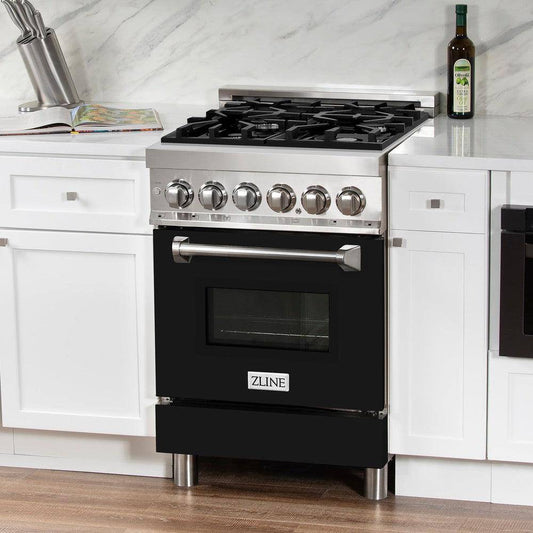 ZLINE 24 in. 2.8 cu. ft. Legacy Dual Fuel Range with 4 Burner Gas Cooktop and Electric Convection Oven in Stainless Steel and Black Matte Door (RA-BLM-24) - KB&A The Home Improvement Store