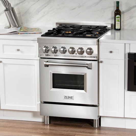 ZLINE 24 in. 2.8 cu. ft. Legacy Dual Fuel Range with 4 Burner Gas Cooktop and Electric Convection Oven in Stainless Steel with DuraSnow® Door (RA-SN-24) - KB&A The Home Improvement Store