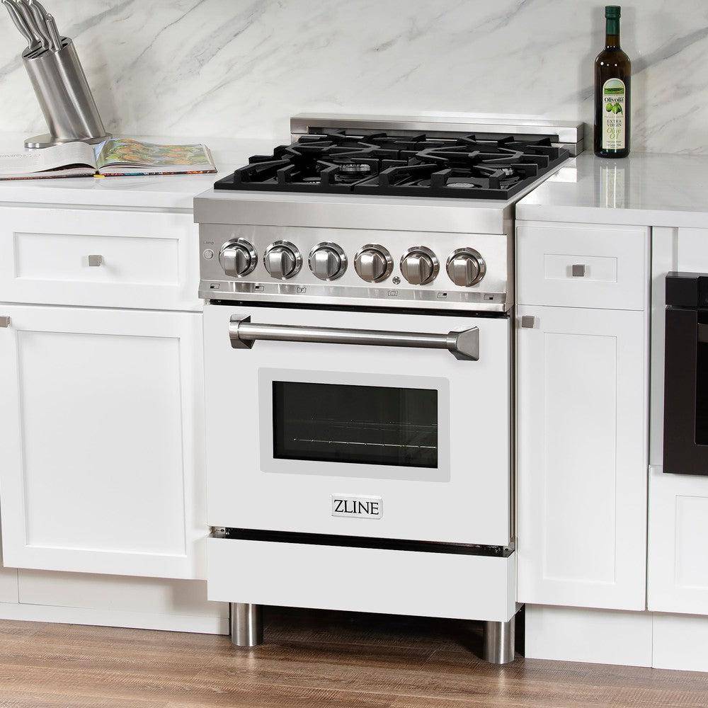 ZLINE 24 in. 2.8 cu. ft. Legacy Dual Fuel Range with 4 Burner Gas Cooktop and Electric Convection Oven in Stainless Steel and White Matte Door (RA-WM-24) - KB&A The Home Improvement Store