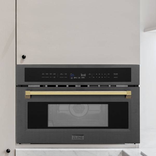 ZLINE Autograph Edition 30” 1.6 cu ft. Built-in Convection Microwave Oven in Black Stainless Steel and Polished Gold Accents (MWOZ-30-BS-G) - KB&A The Home Improvement Store